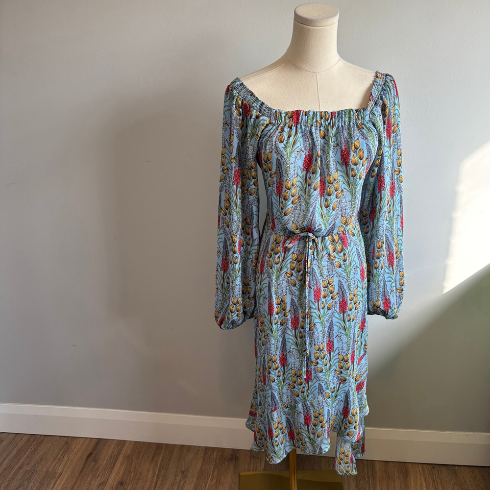 Blue Floral Women's Off The Shoulder Puff Sleeve Ruffle Hem Midi Dress, SZ M